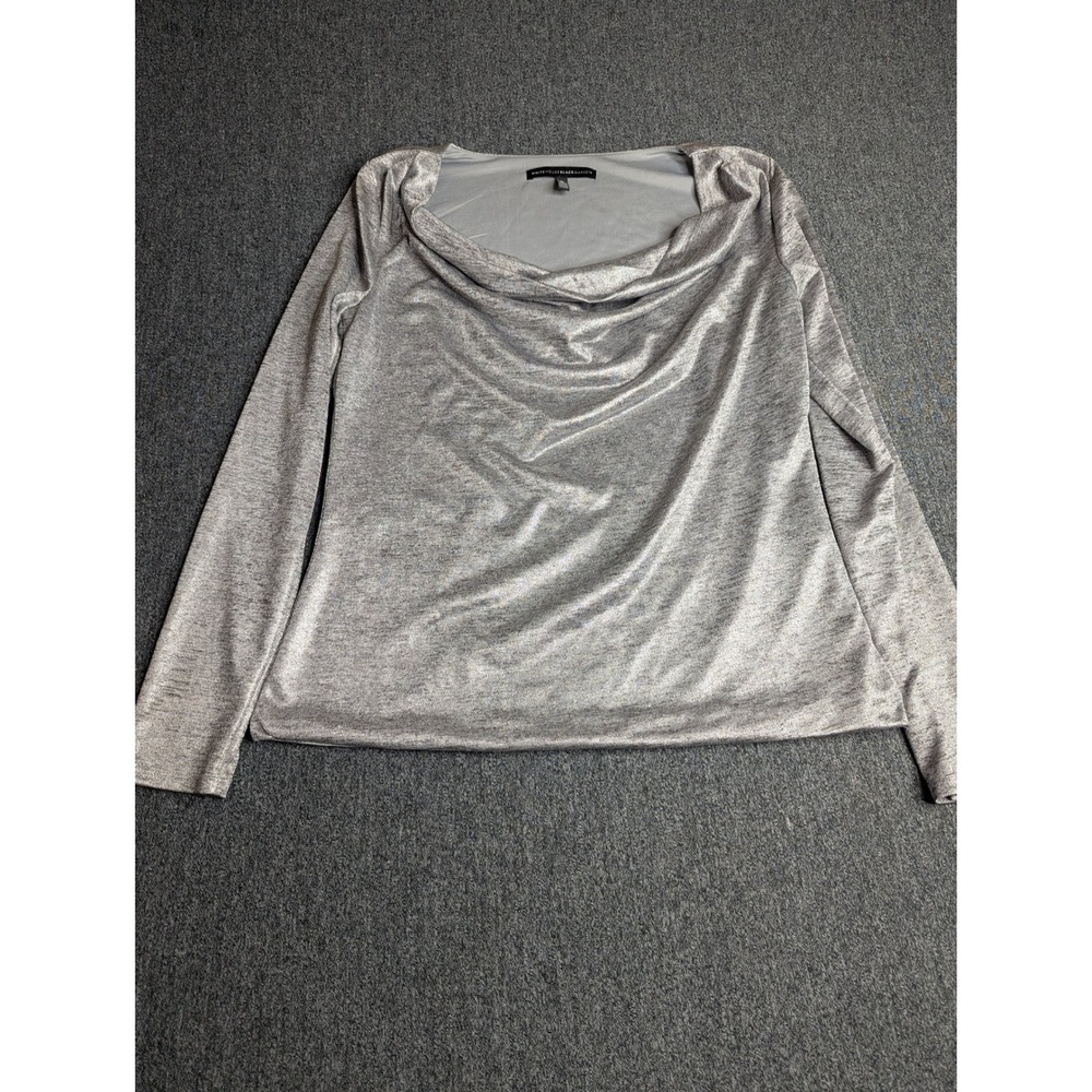 White House Black Market Metallic Silver Cowl Neck Long Sleeve Top Womens Medium